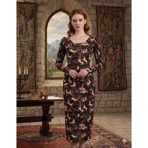 NWT Samantha Pleet Regal Midi in Midnight Tapestry Print Jersey Dress L